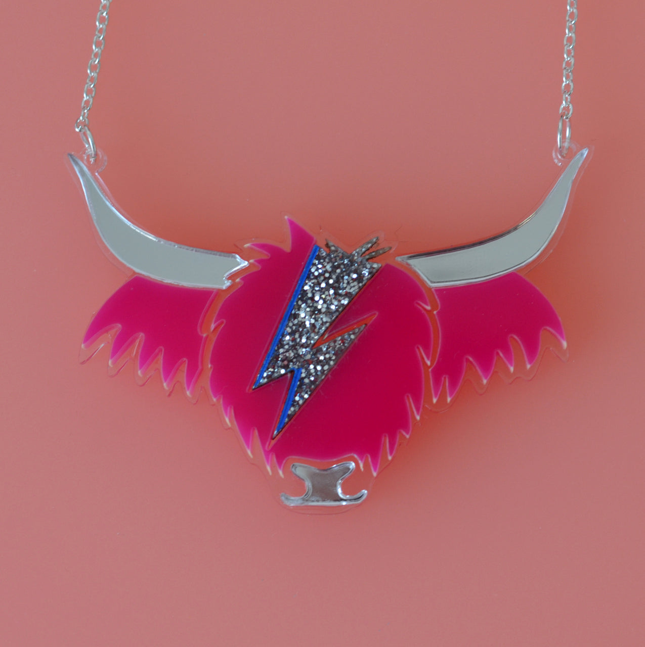 David Cowie Highland Cow Necklace - Pink and Silver Glitter