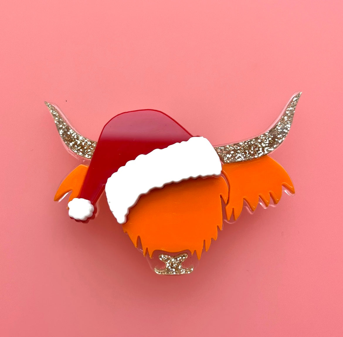 Santa Coos Brooch Pin - Christmas Highland Cow