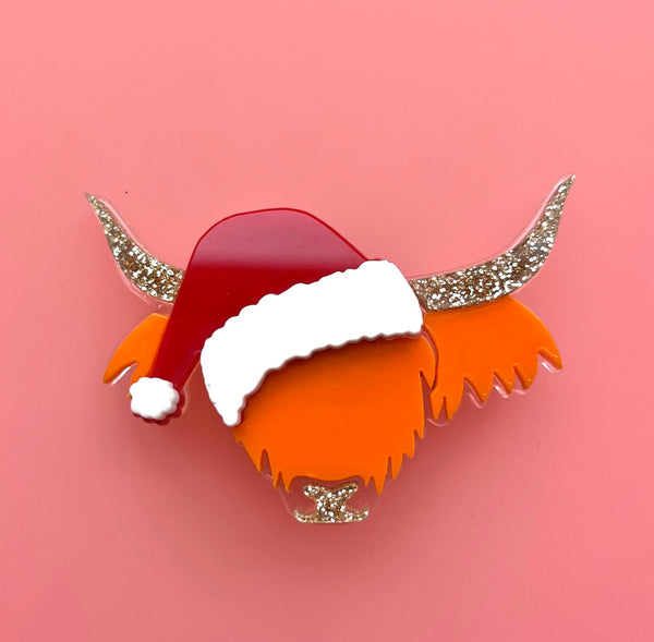 Santa Coos Brooch Pin - Christmas Highland Cow