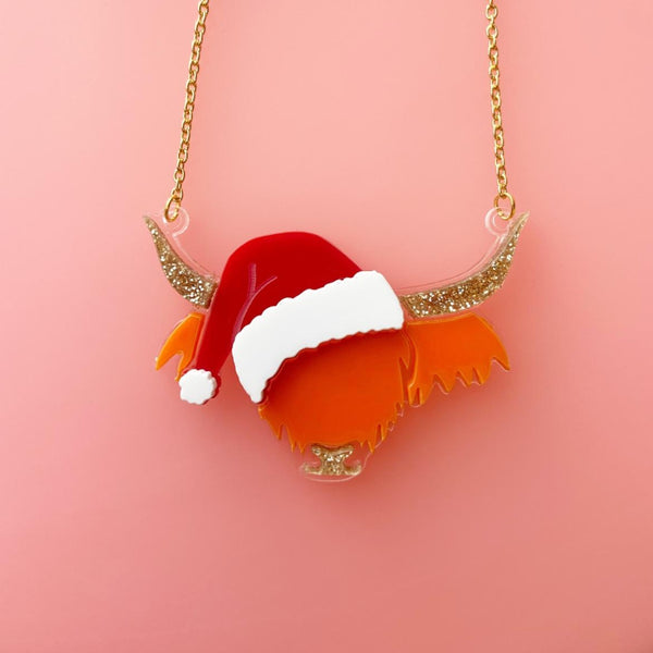 Santa Coos Necklace - Christmas Highland Cow