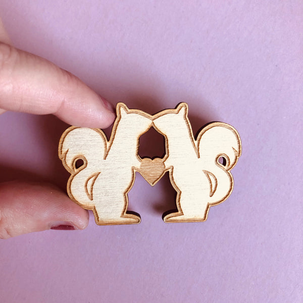 Wooden Squirrel Heart Autumn Brooch