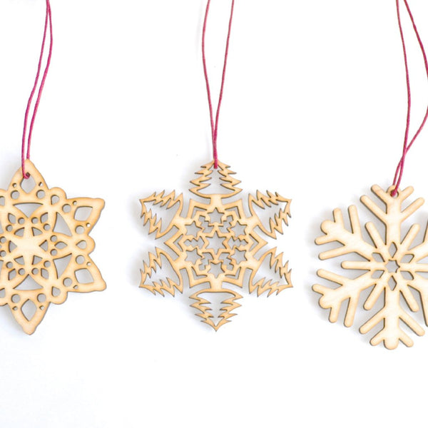 Wooden Snowflake Decorations - Set of Three laser cut Christmas Tree Decorations
